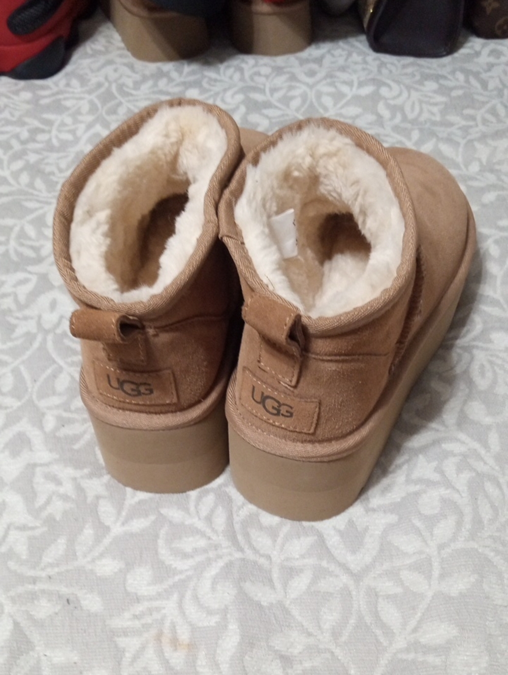 UGG Chestnut Brown Suede Shearling Platform Ankle Boots